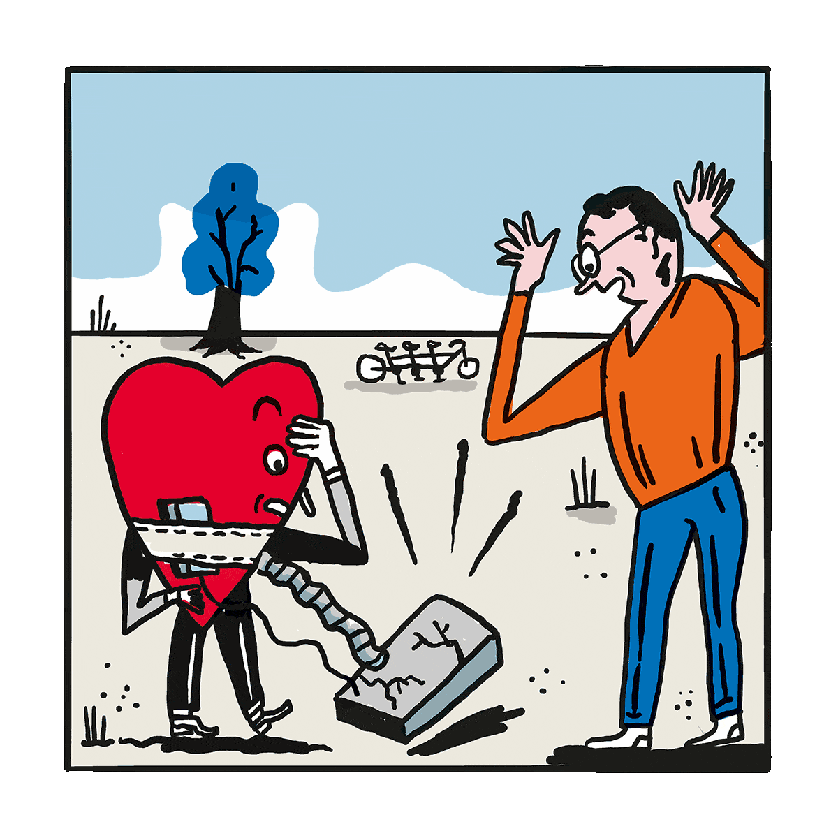 Gleiche Szene, Hubert und sein Herz sind abgestiegen, Blick von der Seite: Das Herz schaut erschrocken auf sein wackelndes, mit Rissen versehenes Assistenzsystem. Hubert steht mit gehobenen Händen und offenem Mund daneben. Im Hintergrund das Tri-Tandem.