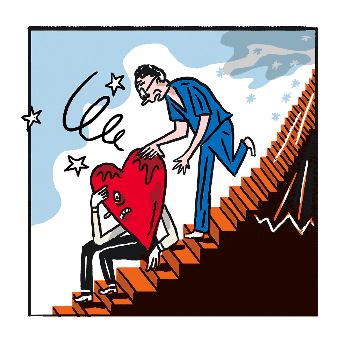 Das Herz sitzt nun erschöpft auf der Treppe, es schwitzt und über ihm kreisen Sterne, sein Gesichtsausdruck wirkt verzweifelt. Hubert läuft die Treppe hinab und berührt das Herz fürsorglich und leicht nervös.