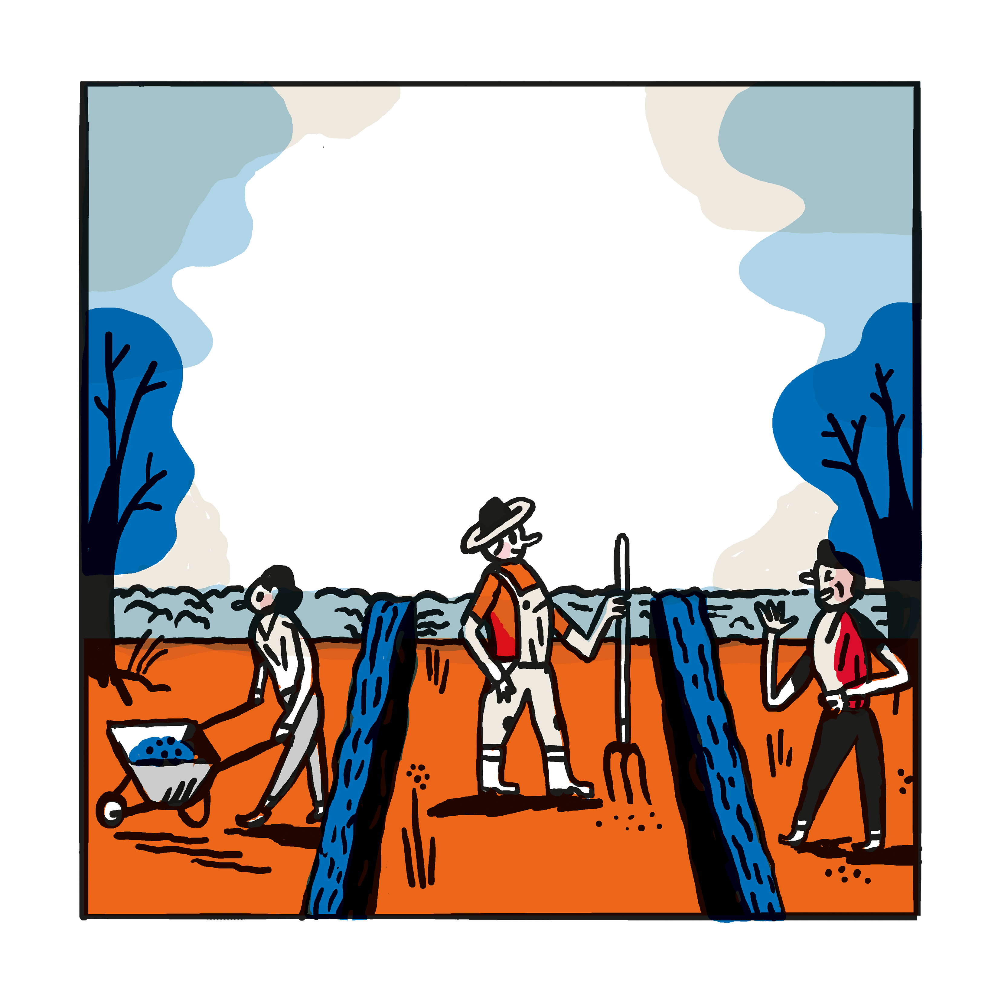 Eine grinsende Mücke schaut von oben auf Menschen herab, die in einem stilisiertem Garten Gartenarbeit nachgehen.