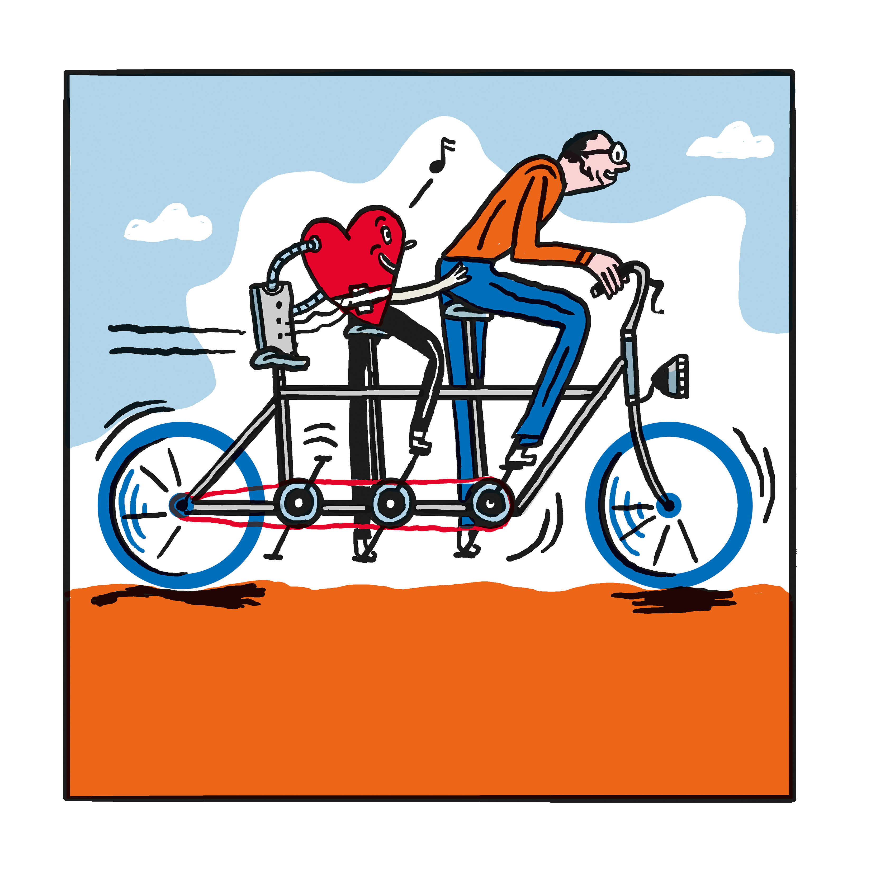 Ein gut gelaunter Hubert, sein fröhliches, singendes Herz und das Assistenzgerät fahren mit einem Dreisitzer-Tandem von links nach rechts. Die Szene wirkt lebensbejahend und beschwingt.