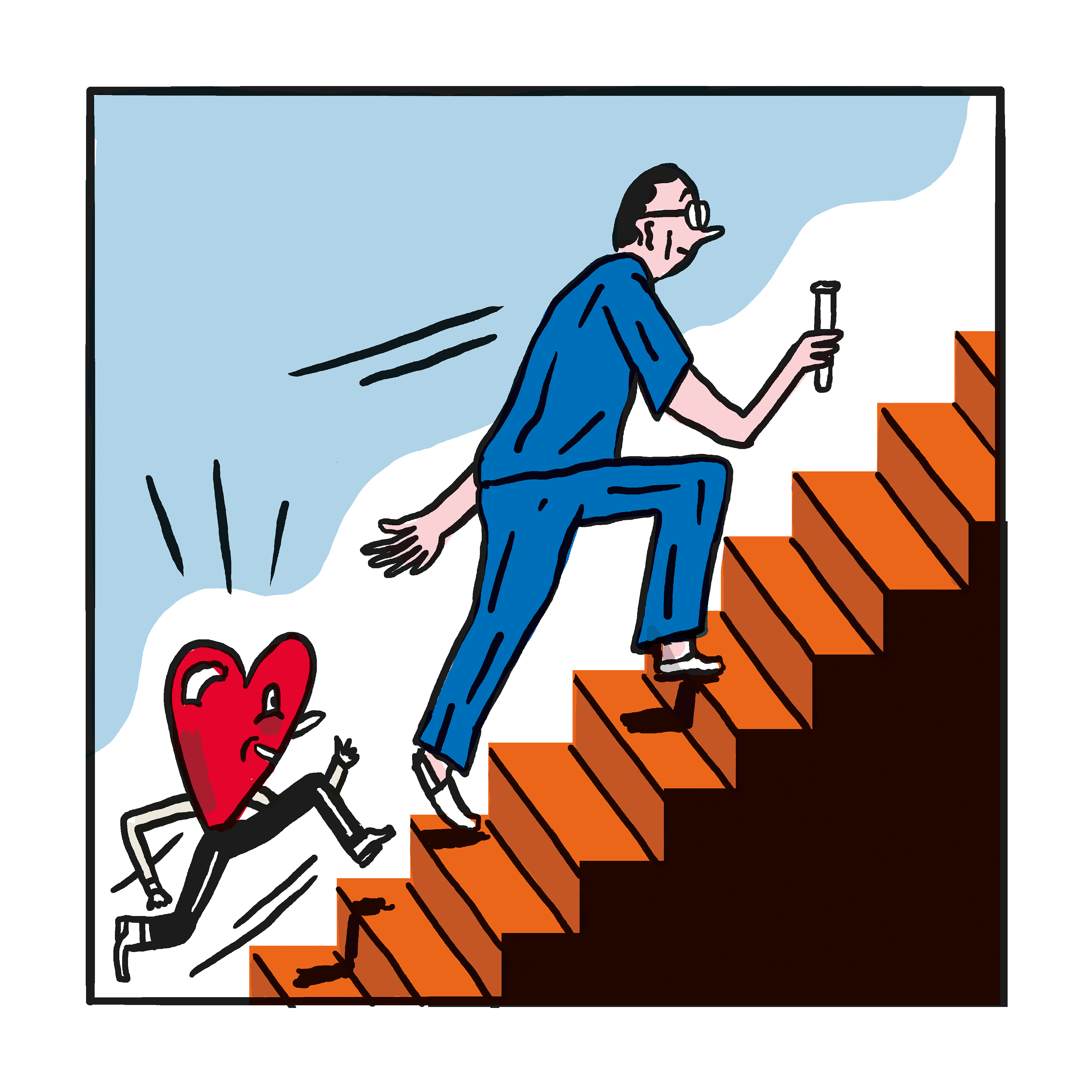 Hubert läuft in blauem Krankenpfleger-Outfit eine stilisierte Treppe hinauf. Ihm folgt seine Herzfigur mit einem vitalen Grinsen und großen Schritten.