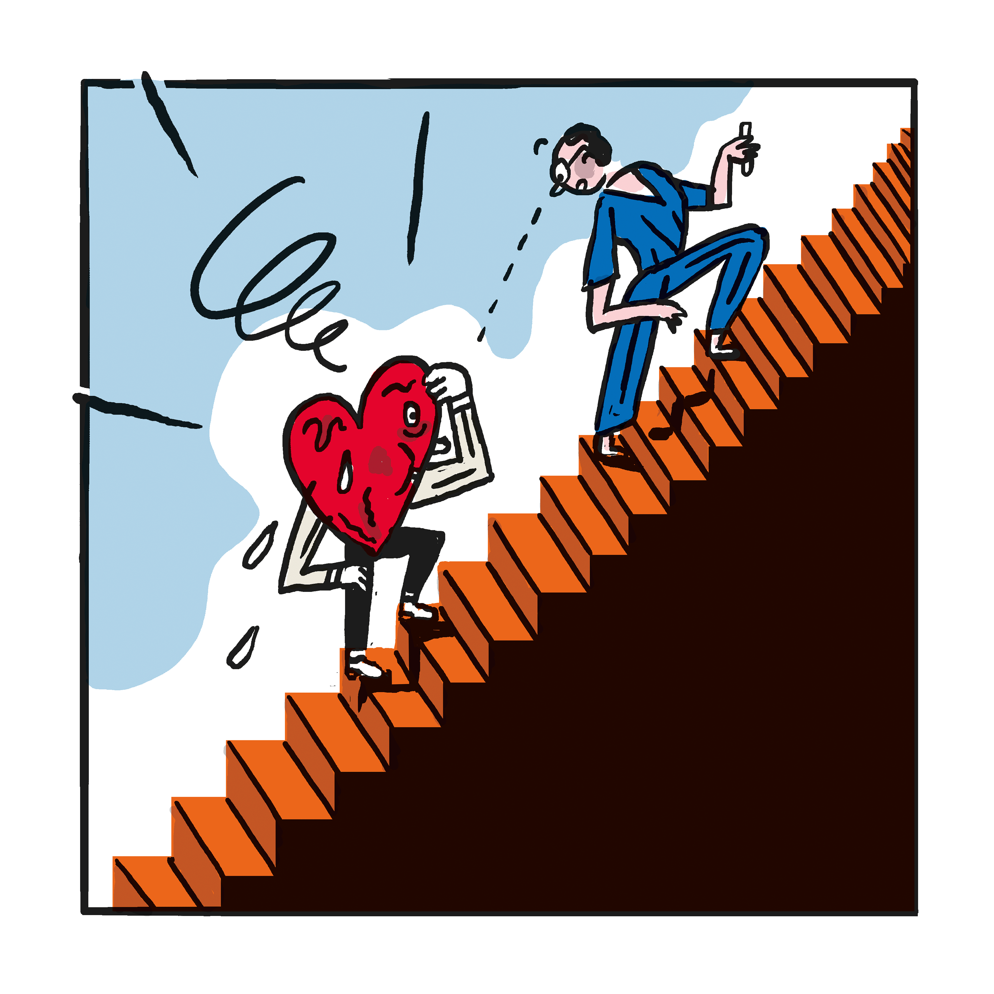 Die Herzfigur bleibt stehen und fasst sich an den Kopf und die Hüfte, es schwitzt und ihm scheint schwindelig. Hubert blickt verwundert zurück.