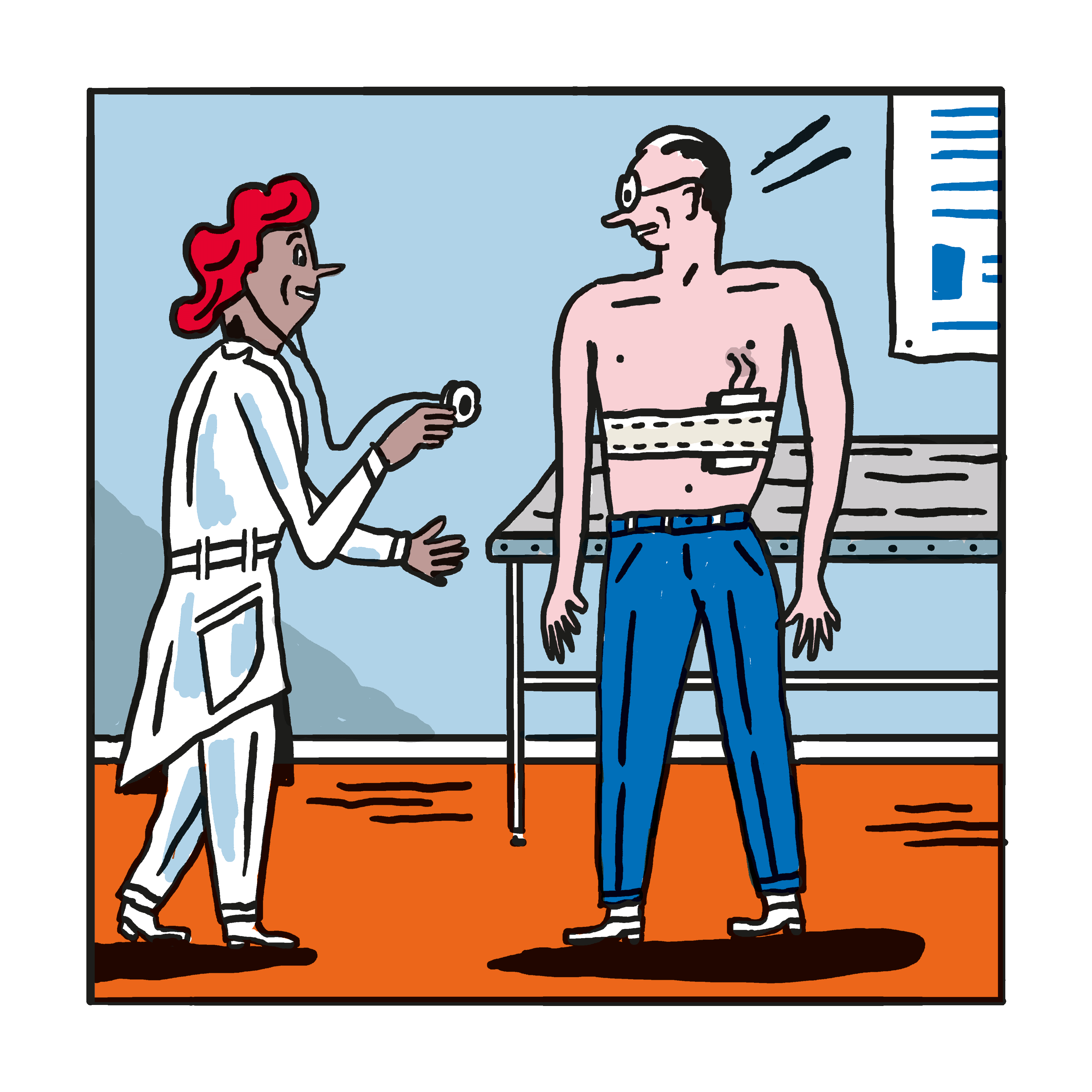 Hubert steht oberkörperfrei mit Bauchgurt und Assistenzgerät im Behandlungszimmer, und schaut erschrocken die Ärztin an. Diese steht ihm zugewandt im weißen Kittel neben ihm. Im Hintergrund eine Liege.